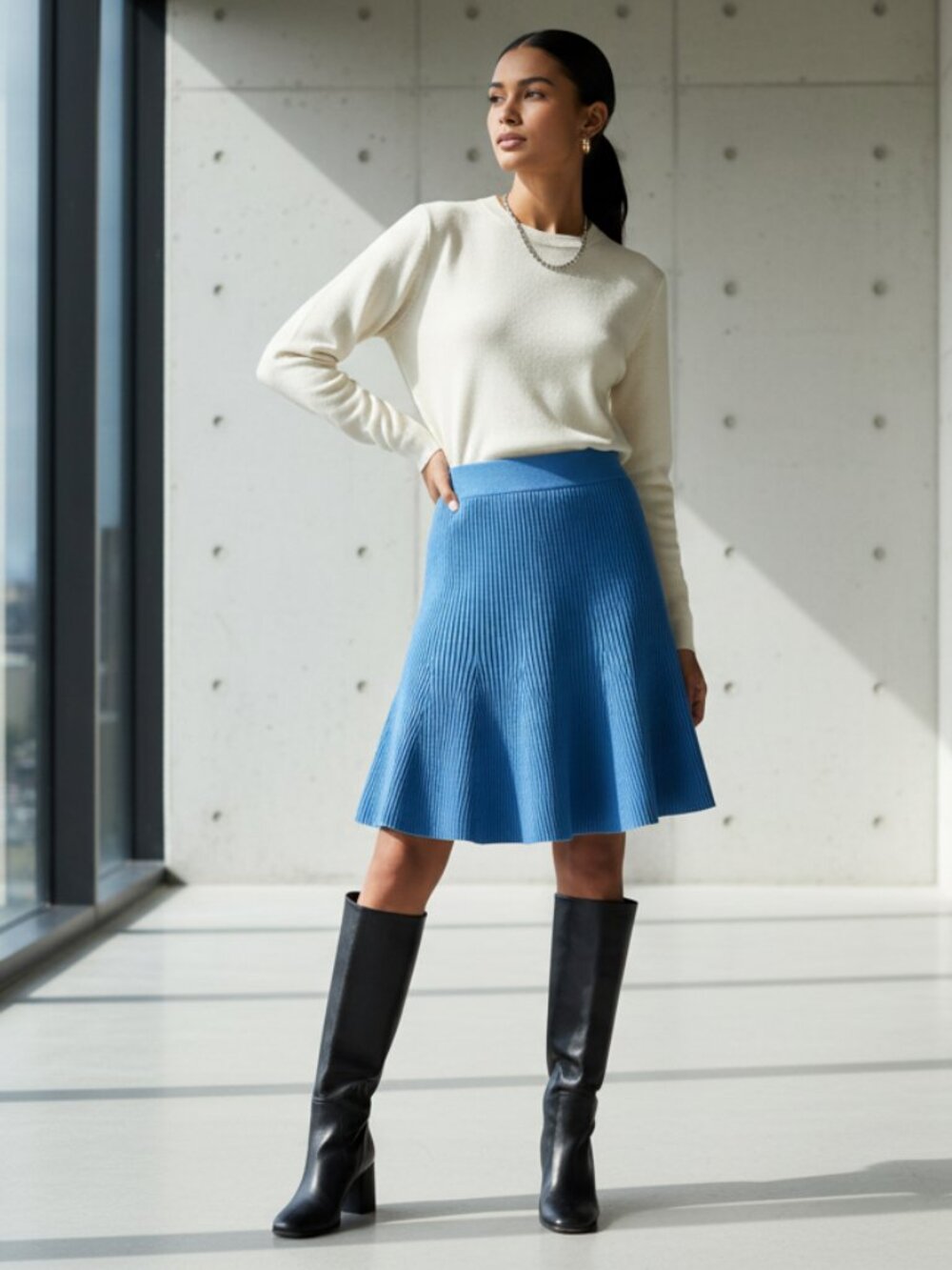 NEW‎ Ann Taylor PS Blue Ribbed Flare Flippy Sweater Skirt Petite Office Siren